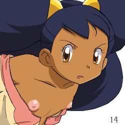 1girl big_hair blush brown_eyes collarbone creatures_(company) dark-skinned_female dark_skin female_focus flat_chest game_freak gomatarou_(pixiv196136) hair_ornament iris_(pokemon) jaggy_lines leaning_forward light_blush loli long_hair looking_at_viewer lowres nintendo nipple_slip nipples no_bra off_shoulder open_mouth oversized_clothes pokemon pokemon_bw purple_hair shirt simple_background solo upper_body v-shaped_eyebrows white_background yellow_shirt rating:Questionable score:75 user:vvvvv4e4ssdfsdfff