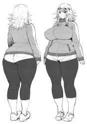  1girl ass blush breasts character_sheet curvy denim denim_shorts full_body greyscale highres huge_breasts kneepits leggings legs long_hair looking_at_viewer monochrome plump shoes short_shorts shorts simple_background sneakers solo standing synecdoche thick_thighs thighs white_background wide_hips  rating:Sensitive score:124 user:danbooru