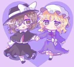  2girls black_capelet black_footwear black_hat black_skirt blonde_hair brown_eyes brown_hair capelet chibi closed_mouth collared_dress collared_shirt commentary dress frilled_dress frilled_sleeves frills hair_over_one_eye happy hat heart holding_hands long_sleeves maribel_hearn multiple_girls necktie open_mouth puffy_sleeves purple_dress purple_eyes red_necktie ribbon-trimmed_capelet ribbon_trim sash shirt skirt sleepwalk_zzz smile socks symbol-only_commentary touhou usami_renko white_hat white_sash white_shirt white_socks 