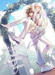  2boys absurdres atou_haruki blonde_hair bouquet bow bowtie bridal_veil brown_hair brown_vest carrying chinese_commentary closed_eyes closed_mouth collared_shirt commentary_request day flower green_eyes green_necktie gudepii hair_between_eyes highres holding holding_bouquet inseki isoi_reiji italian_commentary italian_text jacket long_sleeves male_focus mixed-language_commentary multiple_boys necktie open_clothes open_jacket open_mouth outdoors pants princess_carry red_bow red_bowtie saibou_shinkyoku shirt short_hair smile translation_request veil vest wedding wedding_arch white_flower white_footwear white_jacket white_pants white_shirt yaoi 
