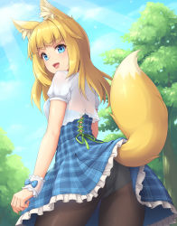  1girl :d animal_ear_fluff animal_ears ass black_pantyhose blonde_hair blue_eyes bow clothes_lift cloud commentary_request day dress fox_ears fox_girl fox_tail frilled_dress frills from_behind highres long_hair looking_at_viewer looking_back nature open_mouth original outdoors panties panties_under_pantyhose pantyhose puffy_short_sleeves puffy_sleeves sasaame see-through short_sleeves sky smile solo sunlight tail tree underwear white_panties wrist_cuffs  rating:Sensitive score:35 user:danbooru