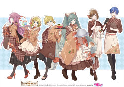 2boys 4girls animal apron aqua_eyes aqua_hair black_pants black_socks blonde_hair blue_eyes blue_hair boots bow bowl braid brown_eyes brown_footwear brown_hair brown_kimono brown_skirt butter buttons carrot_hair_ornament carrot_slice character_name checkered_clothes checkered_kimono chef_hat cherry closed_mouth commentary company_name copyright_notice cross-laced_footwear crypton_future_media double-breasted everyone food food-themed_hair_ornament fork_hair_ornament from_side fruit full_body gradient_hair green_pepper hair_bow hair_bun hair_ornament hairclip hand_on_own_hip hat hatsune_miku high_heel_boots high_heels holding holding_ladle holding_menu holding_tray jacket japanese_clothes kagamine_len kagamine_rin kaito_(vocaloid) kappougi kimono knee_boots lace-up_boots ladle long_skirt looking_at_viewer low_twin_braids maid maid_headdress megurine_luka meiko meiko_(vocaloid) melon_soda menu multicolored_hair multiple_boys multiple_girls neckerchief noodles nori_(seaweed) official_art open_mouth pants piapro pink_hair pleated_skirt rabbit rabbit_yukine ramen red_bow red_footwear red_neckerchief sandals second-party_source serving_dome short_hair short_ponytail skirt smile snowflake_print socks spoon_hair_ornament squash standing standing_on_one_leg star-shaped_food star_(symbol) striped_sleeves talunilu_uu3 tenugui toeless_legwear tray twin_braids twintails vegetable_print vocaloid wa_maid waist_apron white_apron white_bow white_jacket wide_sleeves yuki_kaito yuki_len yuki_luka yuki_meiko yuki_miku yuki_miku_(2024) yuki_rin zouri