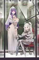  2girls :t absurdres alternate_costume bag blunt_bangs blunt_ends blur_censor blush bodysuit book breasts bridal_veil censored contemporary dress drop_earrings dummy earrings elf fern_(sousou_no_frieren) frieren from_outside full_body green_eyes grey_hair highres holding holding_bag holding_book holding_own_wrist jewelry large_breasts long_hair looking_at_viewer mimic multiple_girls nose_blush patterned_clothing picture_frame pointy_ears polka_dot polka_dot_dress purple_eyes purple_hair revision see-through see-through_bodysuit see-through_dress sitting sousou_no_frieren standing teddy_(khanshin) twintails veil very_long_hair 