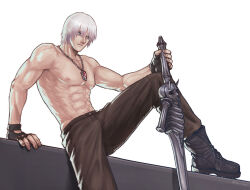  1boy abs bare_shoulders bishounen blue_eyes boots collarbone dante_(devil_may_cry) devil_may_cry devil_may_cry_(series) devil_may_cry_3 fingerless_gloves gloves hair_between_eyes holding ika_vergi jewelry large_pectorals long_hair male_focus muscular muscular_male necklace pectorals rebellion_(sword) simple_background solo sword topless_male weapon white_background white_hair 