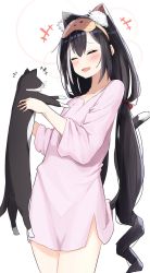 1girl animal animal_ear_fluff animal_ears black_hair blush cat cat_ears cat_girl cat_tail closed_eyes collarbone drill_hair fang flat_chest from_side hair_between_eyes hands_up highres holding holding_animal holding_cat karyl_(princess_connect!) long_hair long_sleeves no_pants open_mouth pajamas piyomi princess_connect! sidelocks sleep_mask smile solo standing tail thighs white_background white_pajamas wide_sleeves rating:Sensitive score:20 user:danbooru