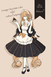 1girl absurdres apron black_dress character_name curly_hair dessert dress english_text food frills full_body green_eyes highres ishmael_(project_moon) limbus_company maid maid_apron maid_headdress orange_hair plate project_moon relele solo striped_clothes 
