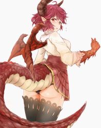 1girl araco ass back black_panties black_thighhighs claw_(weapon) dragon_horns dragon_tail dragon_wings granblue_fantasy grea_(shingeki_no_bahamut) highres horns looking_at_viewer panties pointy_ears purple_hair red_eyes shingeki_no_bahamut short_hair skirt solo tail thighhighs torn_clothes underwear weapon wings rating:Sensitive score:18 user:danbooru