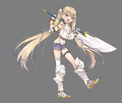  1girl armor armored_boots armored_gloves blonde_hair blush boots breasts cleavage cleavage_cutout clothing_cutout denim denim_shorts elf_village fang full_body grey_background hair_ornament highres kaedeko_(kaedelic) large_breasts long_hair open_mouth oppai_loli original pointy_ears purple_eyes shorts simple_background smile solo sword twintails weapon  rating:General score:30 user:barkingleaf