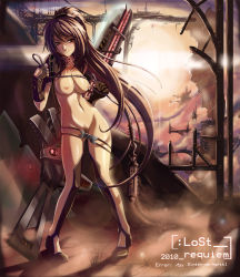  1girl blush breasts brown_hair female_focus female_pubic_hair gun huge_weapon large_breasts long_hair navel nipples nude outdoors ponytail pubic_hair rifle sinten-de-marth solo tagme uncensored very_long_hair weapon  rating:Explicit score:37 user:onci350Z