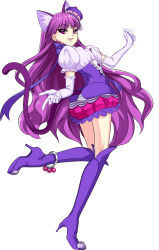  1girl animal_ear_fluff animal_ears anklet boots bow cat_ears cat_girl cat_tail cure_macaron earrings elbow_gloves floating_hair from_side full_body gloves high_heel_boots high_heels jewelry kirakira_precure_a_la_mode kotozume_yukari long_hair looking_at_viewer miniskirt parted_lips precure purple_bow purple_footwear purple_hair purple_skirt red_eyes rick.black shirt short_sleeves skirt smile solo tail thigh_boots thighhighs very_long_hair white_gloves white_shirt 