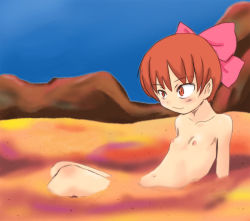 bath blush flat_chest gegege_no_kitarou hair_ribbon knees loli navel nekomusume nipples nude pointy_ears red_eyes red_hair ribbon sand short_hair smile third-party_edit toei_animation rating:Questionable score:7 user:genkouhande