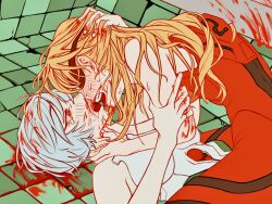  2girls ayanami_rei blood blood_on_arm blood_on_face blood_on_ground blood_on_wall blue_hair blush bodysuit commentary english_commentary eyepatch hand_on_another&#039;s_head highres imminent_kiss kkbardd long_hair multiple_girls neon_genesis_evangelion on_ground open_mouth orange_hair pilot_suit red_bodysuit red_eyes short_hair souryuu_asuka_langley strangling sweat tears tile_floor tiles white_bodysuit yuri 