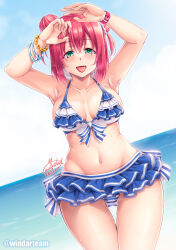  1girl alternate_breast_size aqua_eyes birthday breasts cleavage highres kurosawa_ruby looking_at_viewer love_live! love_live!_sunshine!! medium_breasts open_mouth red_hair smile solo swimsuit two_side_up windart 