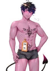 &gt;:) 1boy boxer_briefs colored_skin demon_boy demon_horns demon_tail doyagao erection erection_under_clothes gradient_hair highres horns looking_at_viewer male_focus male_underwear multicolored_hair object_on_bulge original pointy_ears purple_skin shampoo_challenge shiohara_shinogi topless_male smile smug solo tail toned toned_male underwear rating:Questionable score:21 user:danbooru