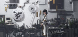  1girl absurdres animal_ears black_hair camera cat_ears cat_girl coat from_side hashtag-only_commentary highres indoors industrial_pipe keyboard_(computer) original power_strip red_eyes rotarran scenery solo standing white_coat 