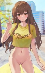  1girl blurry blurry_background blush bottomless brown_eyes brown_hair building cleft_of_venus cowboy_shot crop_top fate/extra fate/extra_ccc fate_(series) highres kishinami_hakuno_(female) long_hair looking_at_viewer midriff navel no_panties outdoors public_indecency pussy sauvignon shirt short_sleeves sidelocks smile solo standing t-shirt thighs third-party_edit tree uncensored v yellow_shirt  rating:Explicit score:202 user:Derpovic