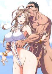  1boy 1girl aa_megami-sama antenna_hair belldandy blue_eyes bracelet breasts brown_hair buttjob buttjob_over_clothes cameltoe censored cheating_(relationship) clothing_aside covered_erect_nipples cum earrings facial_mark female_pubic_hair forehead_mark happy_sex hetero highleg highleg_swimsuit highres imminent_penetration jewelry kon-kit large_breasts leotard leotard_aside lips lipstick long_hair makeup manly mosaic_censoring muscular netorare nipples nude one-piece_swimsuit one_eye_closed penis pubic_hair pussy ring see-through sky sweat swimsuit tamiya_toraichi ugly_man very_long_hair wedgie white_one-piece_swimsuit wink 