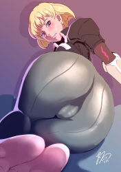 1girl 2016 ass ass_focus bad_id bad_pixiv_id barefoot blonde_hair blue_gender blush bodysuit cameltoe cavalry_(maslow) cleft_of_venus dated feet feet_together foot_focus gloves looking_at_viewer looking_back marlene_angel short_hair short_sleeves signature soles solo rating:Questionable score:80 user:danbooru