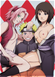  1boy 21222394 2girls absurdres bare_shoulders belly black_eyes black_hair black_shorts blonde_hair blue_eyes boots breasts clenched_teeth eyebrows eyelashes fingernails forehead forehead_protector green_eyes grin hairband hand_on_another&#039;s_head hands_on_shoulders haruno_sakura headband highres knees konohagakure_symbol legs lips looking_at_viewer multiple_girls naruto_(series) naruto_shippuuden neck nipples one_eye_closed open_clothes open_shirt pectorals pink_hair shirt shizune_(naruto) short_hair shorts small_areolae small_breasts small_nipples smile spiked_hair stomach teeth thighs topless uzumaki_naruto  rating:Explicit score:67 user:Yameta