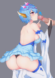 1girl ass back backless_dress backless_outfit bare_shoulders blue_hair blue_lips boots breasts bridal_gauntlets censored clothed_sex detached_sleeves disembodied_penis dress earrings etan14 granblue_fantasy grey_background heart heart-shaped_pupils hetero high_heel_boots high_heels highres jewelry kissing_penis lipstick lipstick_mark long_sleeves macula_marius makeup medium_breasts mosaic_censoring penis purple_eyes short_hair sideboob solo_focus symbol-shaped_pupils thigh_boots thighhighs wide_sleeves rating:Explicit score:51 user:danbooru