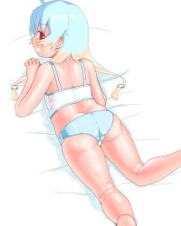 1girl ass bare_arms bare_legs bare_shoulders blush bra flat_chest grin highres kneepits loli long_hair looking_at_viewer looking_back lying multicolored_hair on_stomach panties pillow profile saga_inu shiny_skin simple_background smile solo sweat teeth underwear wedgie white_background white_bra white_panties rating:Questionable score:12 user:Domestic_Importer