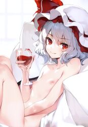 1girl absurdres blood blue_hair closed_mouth completely_nude cup drinking_glass fang female_focus flat_chest hair_between_eyes hat highres holding holding_cup ke-ta loli looking_at_viewer mob_cap nipples nude pillow remilia_scarlet short_hair smile solo touhou white_hat rating:Questionable score:170 user:danbooru
