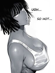  1girl absurdres artist_name bare_shoulders breasts cleavage commentary covered_erect_nipples from_side fubuki_(one-punch_man) greyscale highres large_breasts looking_at_viewer monochrome mostlybluewyatt one-punch_man parted_lips shiny_skin short_hair signature simple_background sleeveless sweat sweatdrop upper_body white_background 