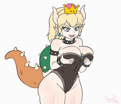 1girl animated animated_gif blonde_hair blue_eyes bouncing_breasts bowsette grabbing_another&#039;s_breast breasts choker cleavage crown female_focus grabbing highleg highleg_leotard hip_focus horns large_breasts leotard lizard_tail mario_(series) monster_girl new_super_mario_bros._u_deluxe nintendo pinkpawg sharp_teeth shell smile solo super_crown super_mario_bros._1 tail teeth turtle_shell wide_hips rating:Questionable score:72 user:Perv-Ultra