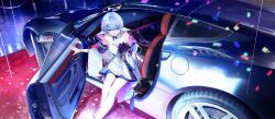  1girl absurdres bare_legs blue_eyes blue_hair breasts car car_interior carpet cleavage closed_mouth confetti detached_collar detached_sleeves dress facial_mark feathered_wings halo hand_on_car head_wings highres honkai:_star_rail honkai_(series) legs looking_at_viewer medium_breasts mogamigawa_(mwft8758) motor_vehicle night outdoors red_carpet robin_(honkai:_star_rail) solo solo_focus white_dress white_wings wings 