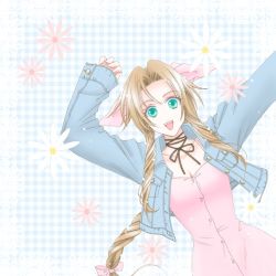  1990s_(style) 1girl aerith_gainsborough brown_hair dress female_focus final_fantasy final_fantasy_vii flower green_eyes happy jacket long_hair lowres open_mouth pink_ribbon plant ponytail ribbon sera_(pixiv3125608) solo 
