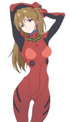  1girl arms_up artist_request blue_eyes bodysuit breasts brown_hair curvy highres interface_headset long_hair looking_at_viewer medium_breasts neon_genesis_evangelion plugsuit red_bodysuit shiny_clothes simple_background skin_tight solo souryuu_asuka_langley two_side_up very_long_hair white_background wide_hips 