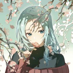  1girl blue_eyes blue_hair cherry_blossoms chinese_commentary commentary_request covered_collarbone enomoto_noa flower flower_over_mouth highres holding holding_flower light_blue_hair light_particles long_hair long_sleeves looking_at_viewer off-shoulder_sweater off_shoulder parted_bangs pink_flower portrait red_sweater ribbed_sweater saibou_shinkyoku solo sweater turtleneck xiaohuaitongxue 