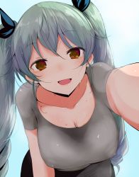 10s 1girl :d anchovy_(girls_und_panzer) bent_over black_ribbon blue_background blush breasts brown_eyes cleavage collarbone girls_und_panzer grey_shirt hair_ribbon han_(jackpot) hanging_breasts large_breasts long_hair looking_at_viewer open_mouth outstretched_arm reaching reaching_towards_viewer ribbon selfie shirt short_sleeves silver_hair simple_background smile solo standing twintails upper_body very_long_hair water water_drop wet wet_clothes wet_shirt rating:Sensitive score:32 user:danbooru