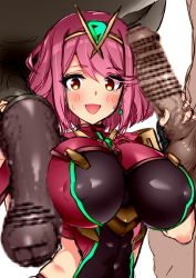  1girl absurdres animal_penis armor bar_censor bestiality blush bodysuit breasts censored circlet covered_erect_nipples earrings erection eyebrows happy highres hiropon hiropon_(hiroto21111) horse horse_penis huge_breasts impossible_bodysuit impossible_clothes jewelry large_breasts looking_at_viewer multiple_boys nintendo nipples open_mouth penis penis_grab pyra_(xenoblade) short_hair simple_background smile swept_bangs tagme tears upper_body xenoblade_chronicles_(series) 