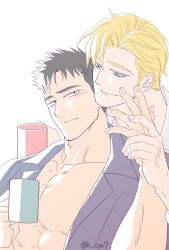  2boys ao_isami bad_tag bara black_hair blonde_hair blush caressing_hand chako_(k_cya7) couple cup facial_hair hand_on_another&#039;s_hand head_tilt heads_together large_pectorals lewis_smith male_focus mug multiple_boys muscular muscular_male open_clothes open_shirt pale_color pectoral_cleavage pectorals sideburns_stubble stubble thick_eyebrows yaoi yuuki_bakuhatsu_bang_bravern 