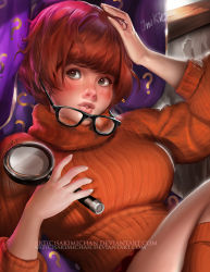  1girl blush bob_cut brown_hair curtains unworn_eyewear freckles glasses looking_to_the_side magnifying_glass sakimichan scooby-doo solo sweater turtleneck velma_dace_dinkley window  rating:Sensitive score:72 user:dmysta3000