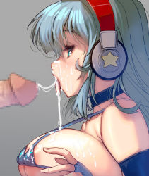  1girl absurdres after_fellatio bikini blue_eyes blue_gloves breasts censored collarbone covered_erect_nipples cum cum_in_mouth cum_on_body cum_on_breasts cum_on_tongue cum_on_upper_body cum_string elbow_gloves erection facial from_side gloves headphones highres huge_breasts kouno_(masao) lips micro_bikini mosaic_censoring open_mouth original penis silver_hair skindentation solo_focus spaghetti_strap strap_gap swimsuit tongue tongue_out wireless  rating:Explicit score:83 user:danbooru