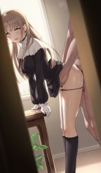 1boy 1girl arm_support bent_over black_dress black_panties black_socks blonde_hair blurry blurry_foreground blush breasts clothed_female_nude_male clothed_sex clothes_lift commentary_request dress dress_lift from_side gloves hetero highres indoors inukai_mofu kneehighs long_hair looking_at_viewer looking_to_the_side medium_breasts neck_ribbon nijisanji nude nun open_door open_mouth panties panty_pull peeking plant ribbon sex sex_from_behind sister_claire sister_claire_(1st_costume) socks solo_focus standing standing_sex sweat underwear virtual_youtuber white_gloves white_ribbon window yellow_eyes rating:Explicit score:727 user:danbooru