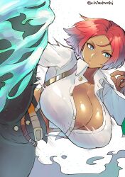  1girl blue_eyes breasts chikoinochi cleavage dark-skinned_female dark_skin facial_mark forehead_mark giovanna_(guilty_gear) guilty_gear guilty_gear_strive highres huge_breasts looking_at_viewer midriff pants partially_unbuttoned red_hair shirt short_hair sleeves_pushed_up suspenders white_shirt 