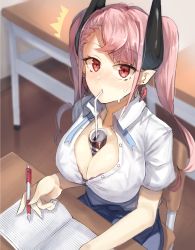 1girl ^^^ bad_id bad_twitter_id between_breasts blush bra bra_peek breasts broken_heart can cleavage drink_can drinking_straw earrings from_above full-face_blush heart heart_earrings horns jewelry large_breasts long_hair looking_at_viewer notebook open_clothes open_shirt pen pink_hair pointy_ears purple_bra red_eyes sitting soda_can solo suminagashi twintails underwear rating:Sensitive score:50 user:danbooru