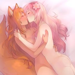 2girls animal_ears ass blush borrowed_character breasts closed_eyes completely_nude couple cowboy_shot dark-skinned_female dark_skin flower fox_ears fox_tail french_kiss hair_flower hair_ornament hairband hand_on_another&#039;s_shoulder hug kiss long_hair lying medium_breasts multiple_girls nude on_bed on_side open_mouth orange_hair original pale_skin pink_flower pink_hair pink_lips profile roarke_(lavenderincubus) tail tongue tongue_out yuri rating:Questionable score:107 user:danbooru