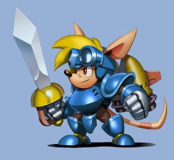  1boy animal_ears armor blonde_hair blue_armor blue_background brown_eyes chibi clenched_hands commentary english_commentary from_side full_armor full_body furry furry_male gauntlets goggles goggles_on_head greaves headgear holding holding_weapon male_focus nose pauldrons rocket_knight_adventures shoulder_armor simon_stafsnes_andersen snout solo sparkster sword tail thrusters weapon whiskers 