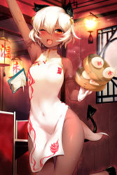 10s 1girl ;3 absurdres animal_ears arm_up bamboo_steamer baozi black_rock_shooter blush breasts china_dress chinese_clothes clipboard covered_navel dark_skin dark-skinned_female demon_tail dress food gloves hair_between_eyes hair_ornament highres looking_at_viewer m-da_s-tarou navel no_panties one_eye_closed open_mouth orange_eyes short_hair side_slit small_breasts smile solo steam strength_(black_rock_shooter) sweat tail tattoo white_gloves white_hair rating:Sensitive score:188 user:danbooru