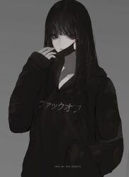  1girl absurdres aoi_ogata artist_name black_hair black_hoodie clip_studio_paint_(medium) closed_mouth clothes_writing grey_background hand_in_pocket hand_up hate-chan highres hood hood_down hoodie long_hair long_sleeves looking_at_viewer mask mask_pull mouth_mask original puffy_long_sleeves puffy_sleeves purple_eyes simple_background sleeves_past_wrists solo upper_body 