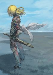 armor artist_request blonde_hair cloud fantasy feathers gauntlets grass green_eyes highres male_focus pants sky sword weapon wings rating:Sensitive score:12 user:Luthorne