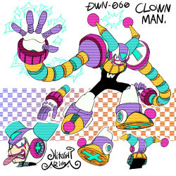  1boy android aqua_eyes aqua_gemstone ariga_hitoshi armor artist_name black_bodysuit bodysuit boots character_name character_sheet checkered_background clown_man commentary_request concept_art cross electricity facepaint fake_horns forehead_jewel from_behind full_body gradient_background hand_up helmet highres horned_helmet horns knee_boots long_arms long_tongue looking_ahead looking_at_viewer male_focus mega_man_(classic) mega_man_(series) mega_man_8 mega_man_megamix multiple_views no_humans open_hand orange_background portrait purple_background robot robot_ears scanlines shoe_soles shoulder_armor signature simple_background smile spread_fingers standing teeth tongue tongue_out turnaround upper_body white_background 