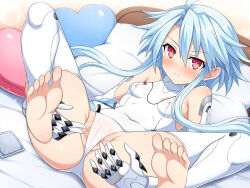  1girl armored_gloves ass bare_shoulders barefoot blue_hair blush breasts censored covered_erect_nipples covered_navel elbow_gloves embarrassed full_body gloves hair_between_eyes heart heart-shaped_pillow highres indoors legs leotard light_frown looking_at_viewer lying medium_hair neptune_(series) on_back on_bed pillow power_symbol presenting pussy red_eyes sidelocks skin_tight small_breasts solo spread_legs spread_pussy_under_clothes symbol-shaped_pupils thighhighs thighs white_gloves white_heart_(neptunia) white_leotard yaomai 
