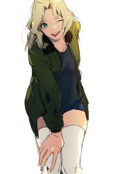  10s 1girl ;p asuna_(i_luv) blonde_hair bomber_jacket girls_und_panzer green_eyes hair_intakes jacket kay_(girls_und_panzer) long_hair long_sleeves looking_at_viewer one_eye_closed open_mouth simple_background sketch smile solo teeth thighhighs tongue tongue_out white_background white_thighhighs  rating:Sensitive score:14 user:danbooru
