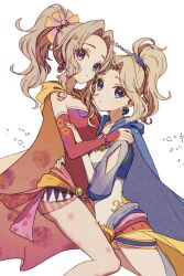  2girls alternate_hairstyle artist_name blonde_hair blue_cape blue_eyes cape celes_chere closed_mouth commentary_request diamond_cutout dress elbow_gloves eyelashes final_fantasy final_fantasy_vi floral_print gloves hair_intakes high_ponytail highres medium_hair multiple_girls pantyhose print_gloves purple_eyes red_cape red_dress red_gloves sana_(sanaa653) short_dress simple_background strapless strapless_dress tears tina_branford twitter_username white_background 