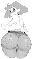 1girl ass bad_id bad_pixiv_id belt blush cameltoe crayon_shin-chan curvy denim from_behind greyscale huge_ass jeans leaning_forward long_hair looking_at_viewer looking_back mature_female monochrome nohara_misae oinari_(inarizushi) pants simple_background skin_tight solo thick_thighs thighs trefoil white_background wide_hips rating:Questionable score:242 user:danbooru